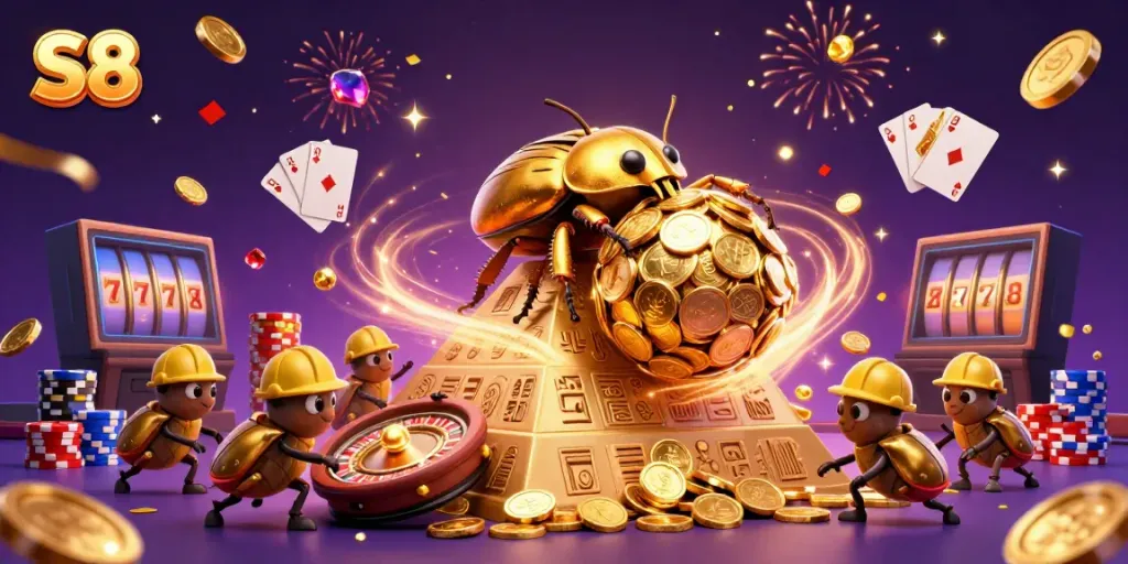 Experience the exciting atmosphere of S8 with cartoon beetles rolling golden coins amidst casino symbols and vibrant decorations.