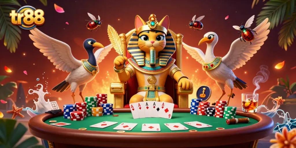 Bet big with tr88 in a vibrant casino scene featuring an Egyptian pharaoh cat and poker elements.