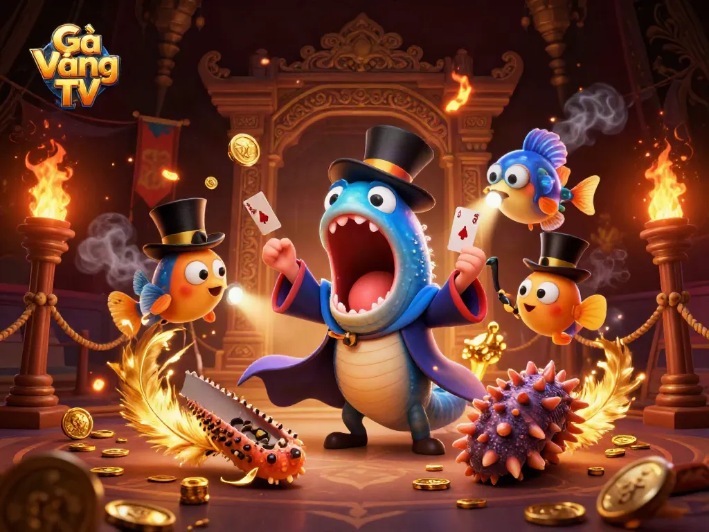 Gà Vàng TV showcases an exciting underwater gambling scene with deep-sea characters performing magic.