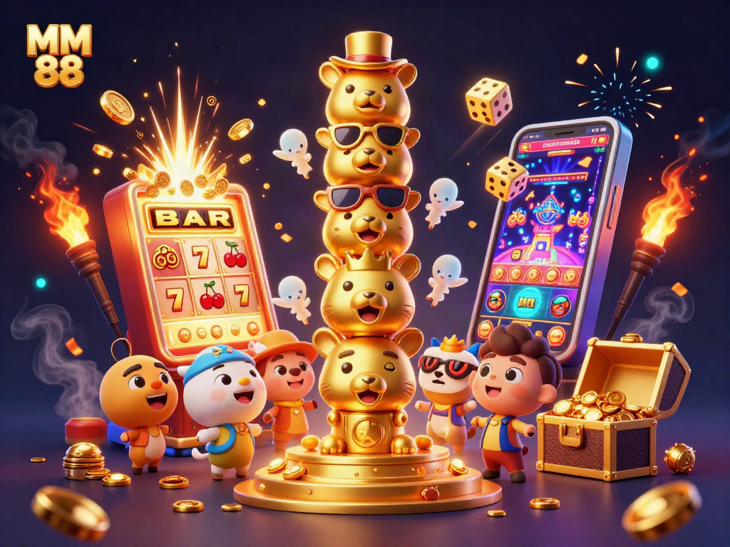 Engage with MM 88 in an energetic casino scene depicting vibrant slot machines and dynamic characters.
