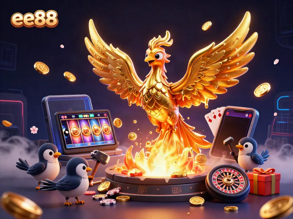 Experience the thrill of ee88 with a dynamic scene featuring a molten phoenix, gold coins, and casino elements.