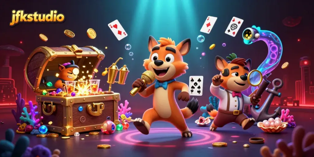 Engage with jfkstudio's vibrant casino scene featuring hyenas as bartenders, bouncers, and comedians.