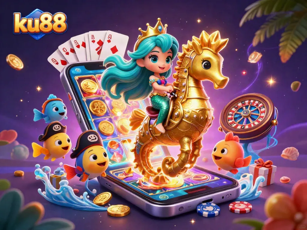 ku88 showcases a vibrant 3D casino mermaid scene featuring slots, poker cards, and gold coins.