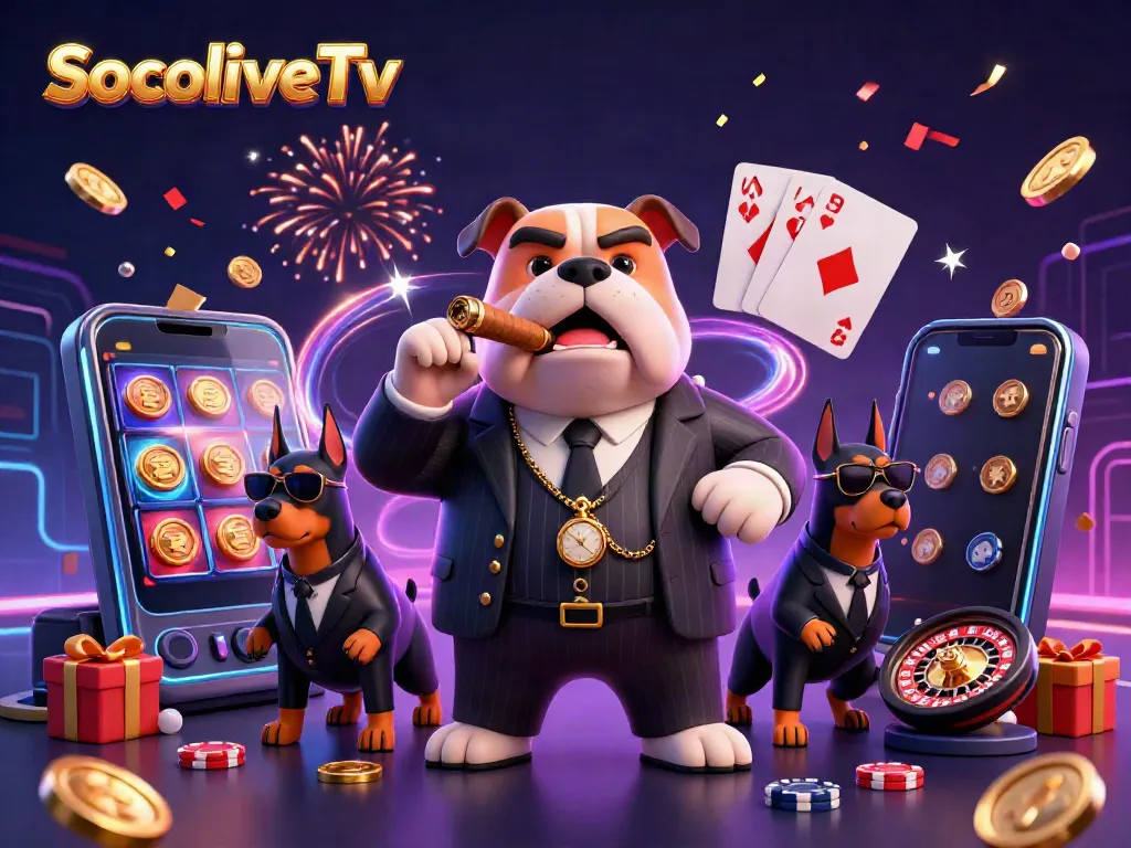 SocoliveTv iconically showcases a mafia bulldog and bodyguards amid a vibrant gambling scene with slot games and confetti.