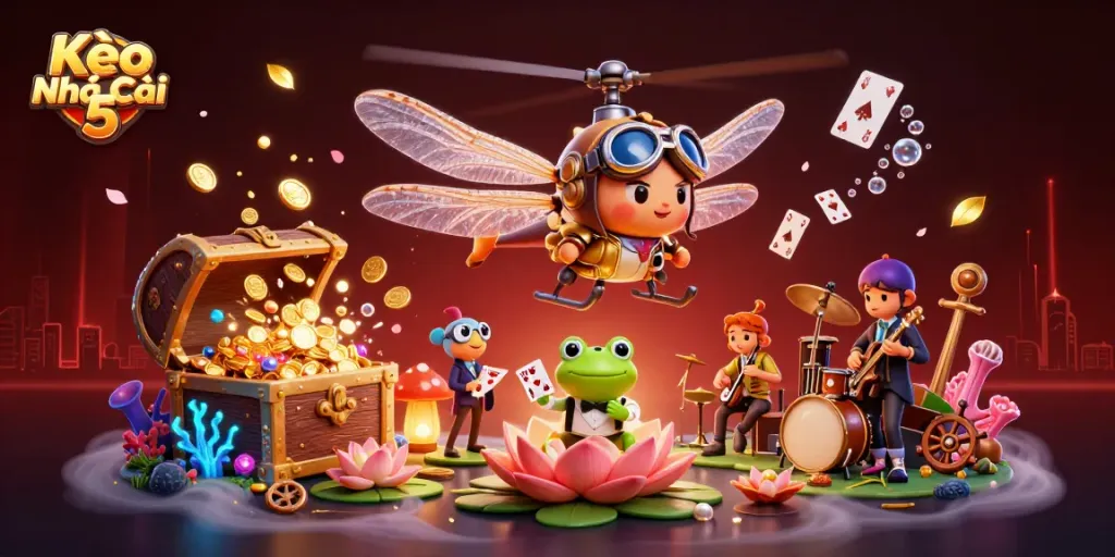 Experience the thrill of Kèo Nhà Cái 5 at a lily pad casino featuring dynamic characters and exciting elements.