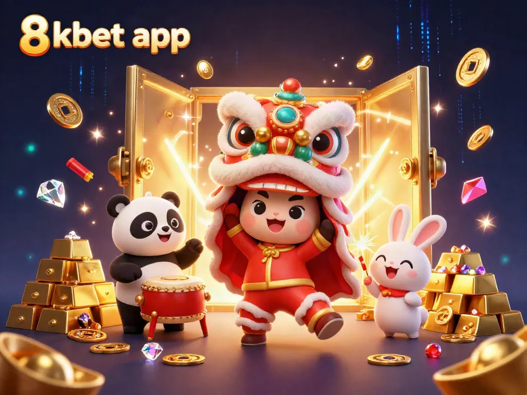 Experience the excitement of the 8xbet app with fun characters dancing amidst gold treasures and casino elements.