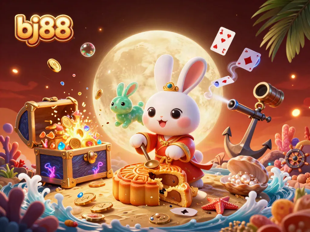 Engage with vibrant bj88 online casino elements featuring the moon rabbit character with casino chips and dynamic treasures.