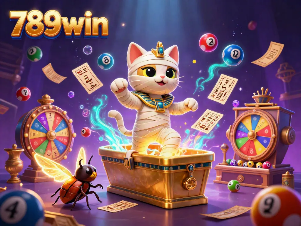 Engage with 789win's exciting gaming scene featuring a lively cartoon mummy cat bursting from a sarcophagus.