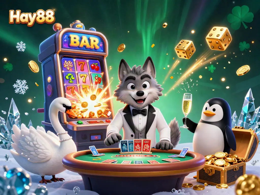 Engage in Hay88's thrilling casino games with a spectacular 3D illustration showcasing a stylish wolf, swan dealer, and penguin sommelier.