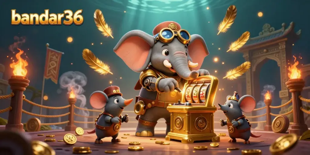 Permainan slot yang beruntung di bandar36 dengan gambaran karakter gajah steampunk dan elemen kasino yang menarik.