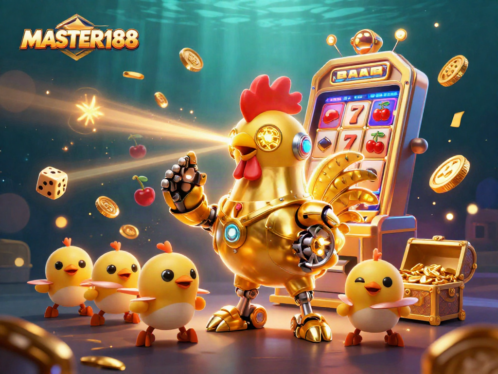 Engage with MASTER188 slot games and experiences in a dazzling 3D casino illustration.