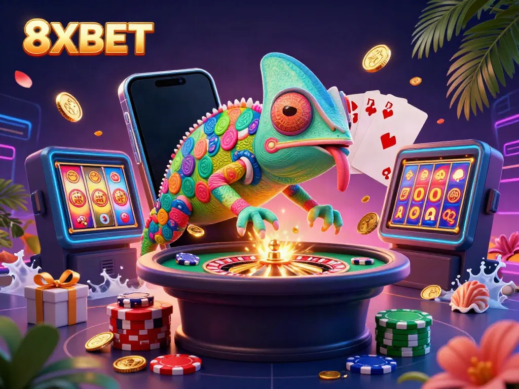 Experience vibrant gaming excitement with 8XBET's cartoon chameleon casino owner and dynamic slot game elements.