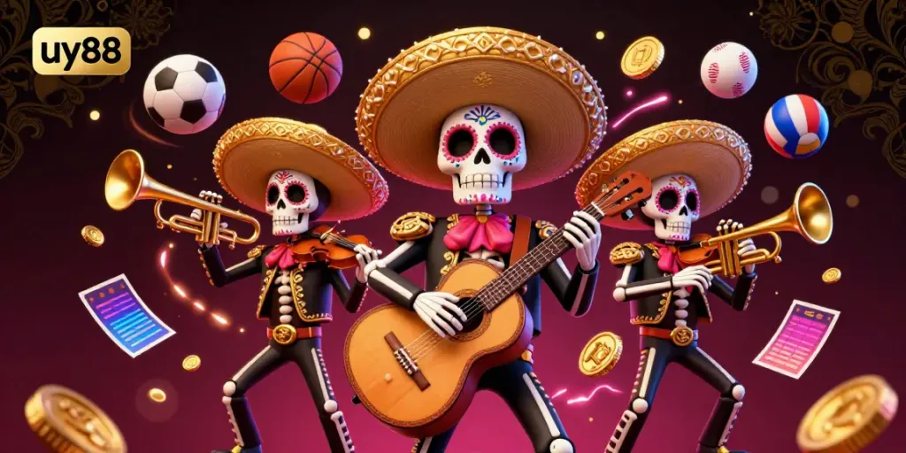 Engage with uy88's thrilling gaming atmosphere featuring a mariachi band amidst dynamic sports elements.
