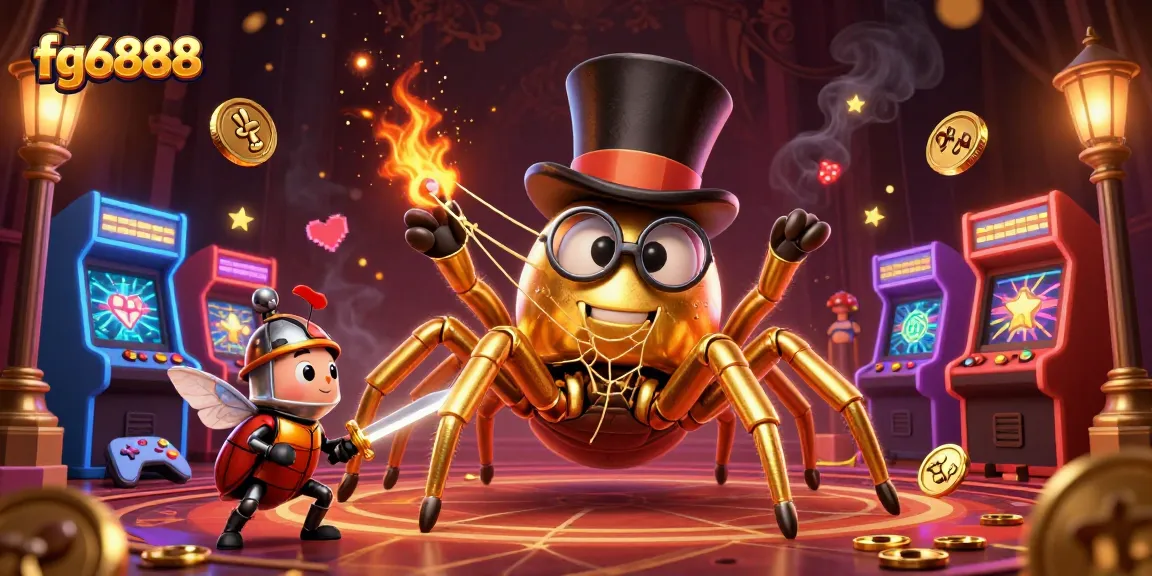 fg6888 chơi game trong sòng bạc với nhện vàng khổng lồ và những ánh sáng lấp lánh.
