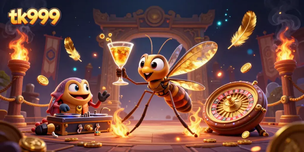 Engage with tk999's thrilling casino adventure featuring a lively mosquito mascot and trilobite DJ.
