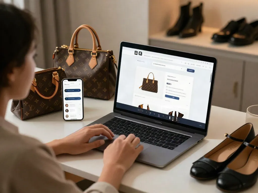 Buy Replica Online: Luxury replica bags and shoes showcased in an elegant e-commerce shopping experience.