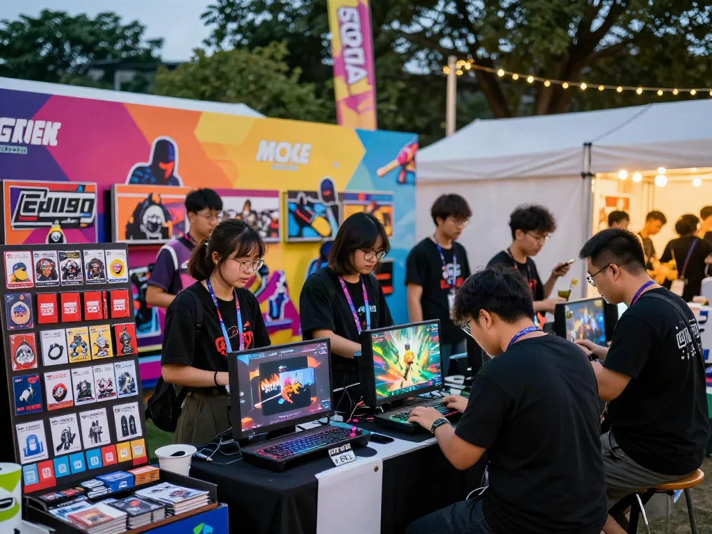 Engaging scene at a gaming festival with warung168 merchandise, vibrant displays, and enthusiastic gamers.