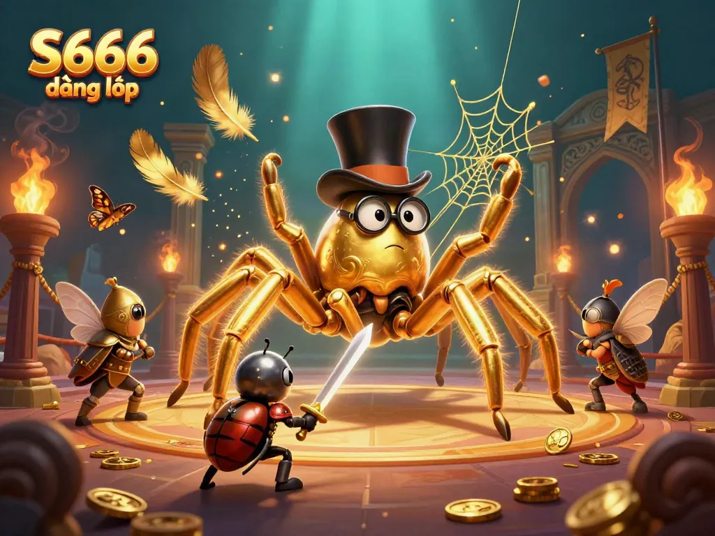 S666 đăng nhập vividly illustrated with a golden tarantula and beetle knight in a dynamic casino scene.