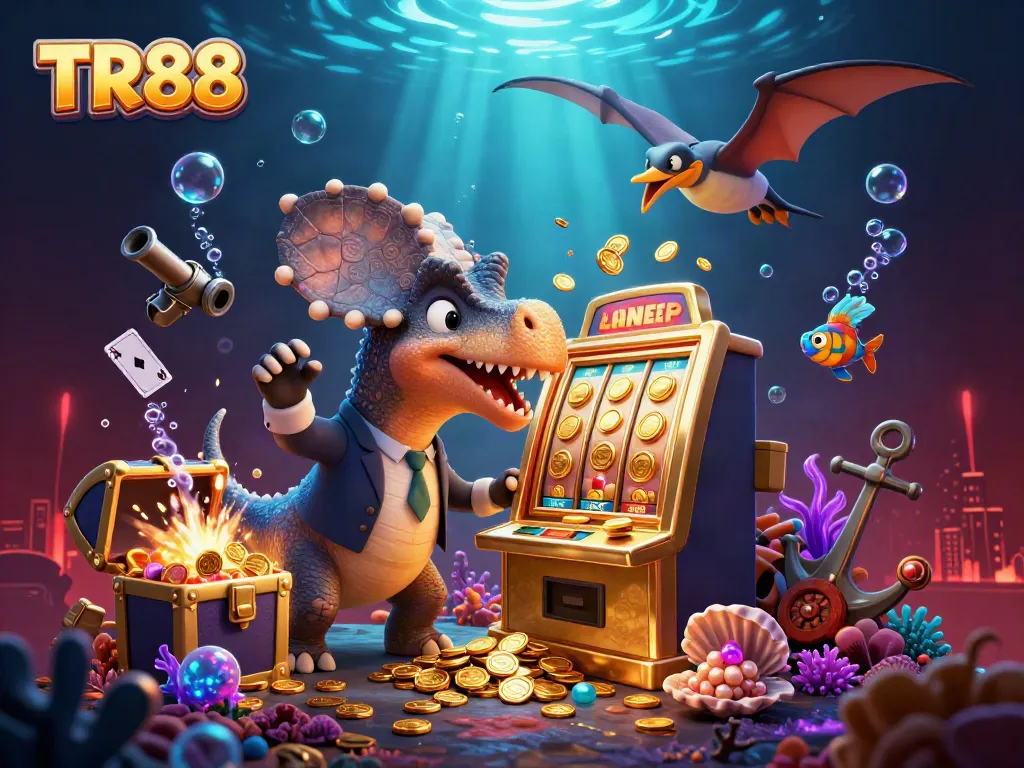 TR88 inspires gamers as a pachycephalosaurus wins big at a golden slot machine amidst a vibrant casino scene
