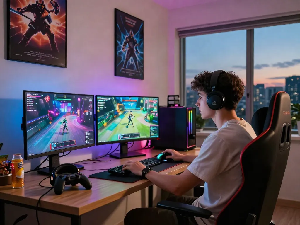 Gamer immersed in gameplay at modern home office with warung168 setup.