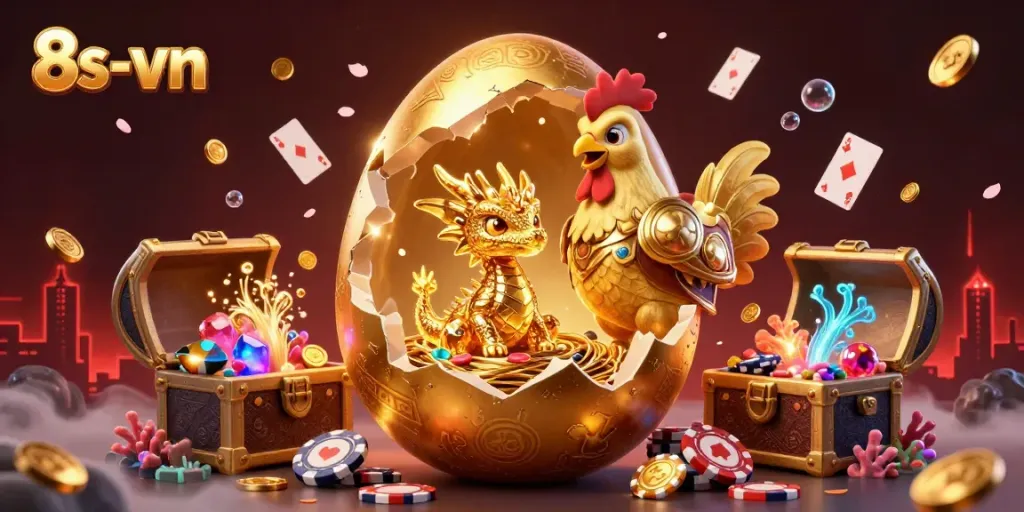 Experience the thrill of 8s-vn's golden dragon casino scene filled with colorful gems and poker chips.