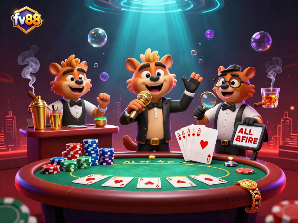 Engage in dynamic comedy and betting fun at fv88 casino with hyenas, poker chips and vibrant atmosphere.