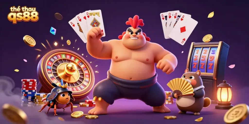 Experience sports betting excitement with thể thao qs88, featuring a vibrant 3D rooster and dynamic game elements.