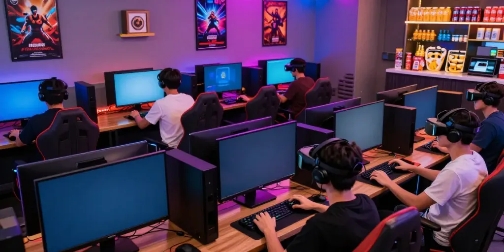 Kilat404 gaming lounge with friends enjoying multiplayer games on large screens, immersed in vibrant atmosphere.