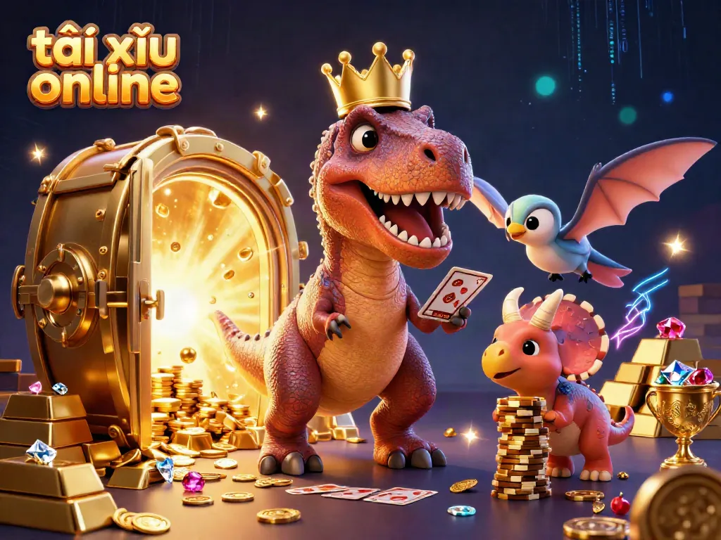 Engaging scene of a 3D T-Rex, pterodactyl, and triceratops playing tài xỉu online amidst a burst of gold and jewels.