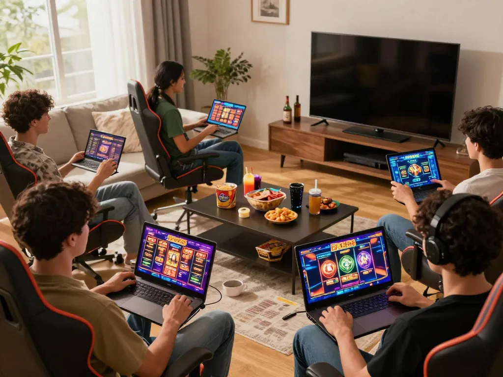 Group of friends enjoying slot88 games on various devices in a vibrant gaming setting