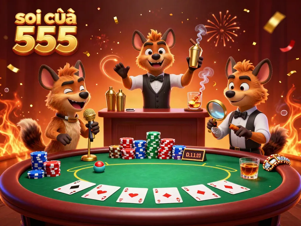 Soi cầu 555's vibrant lottery-themed casino scene with hyenas in lively roles.
