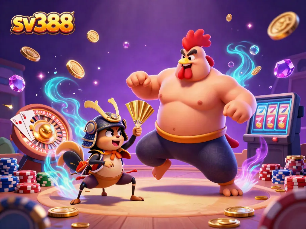 Experience thrilling cockfighting with sv388's gigantic rooster, fierce cricket, and dynamic scene elements.