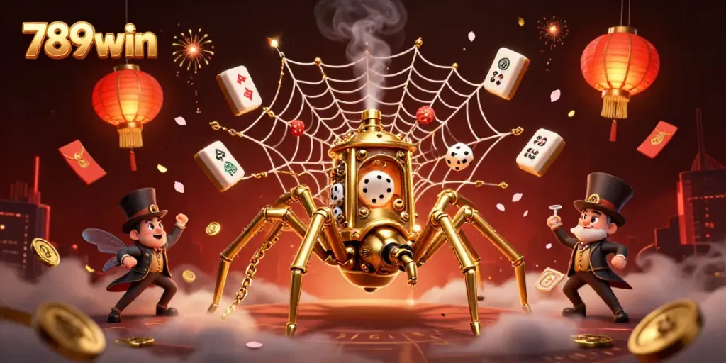 Engage with 789win's dynamic casino world featuring a steampunk spider, poker nodes, and festive gaming elements.
