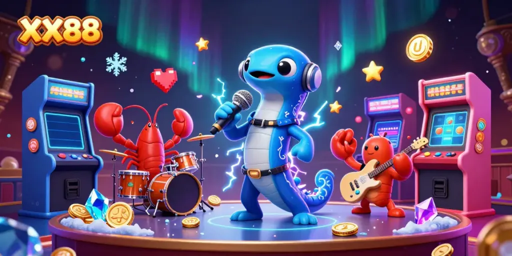 Experience the lively ambiance of XX88 casino with a DJ eel and band in an underwater setting, featuring vibrant slot machines.