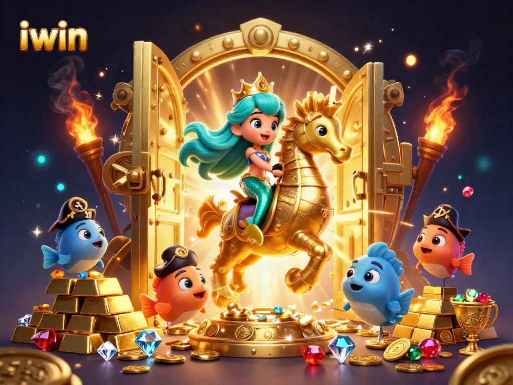 Play exciting iwin games amidst treasures and vibrant mythical characters in a dynamic casino scene.