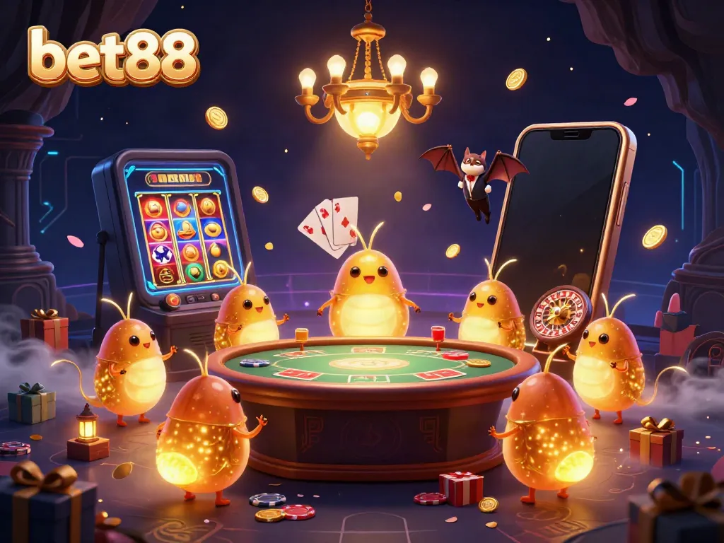 Experience thrilling gameplay at bet88 with lively glowworms lighting up a cave casino scene.
