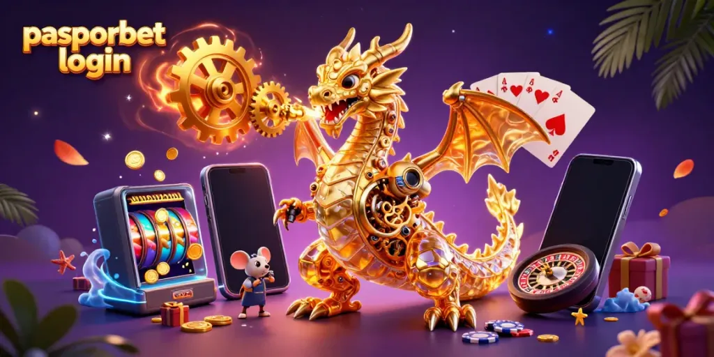 Gambarkan pasporbet login dengan naga emas dan elemen permainan kasino yang kaya.
