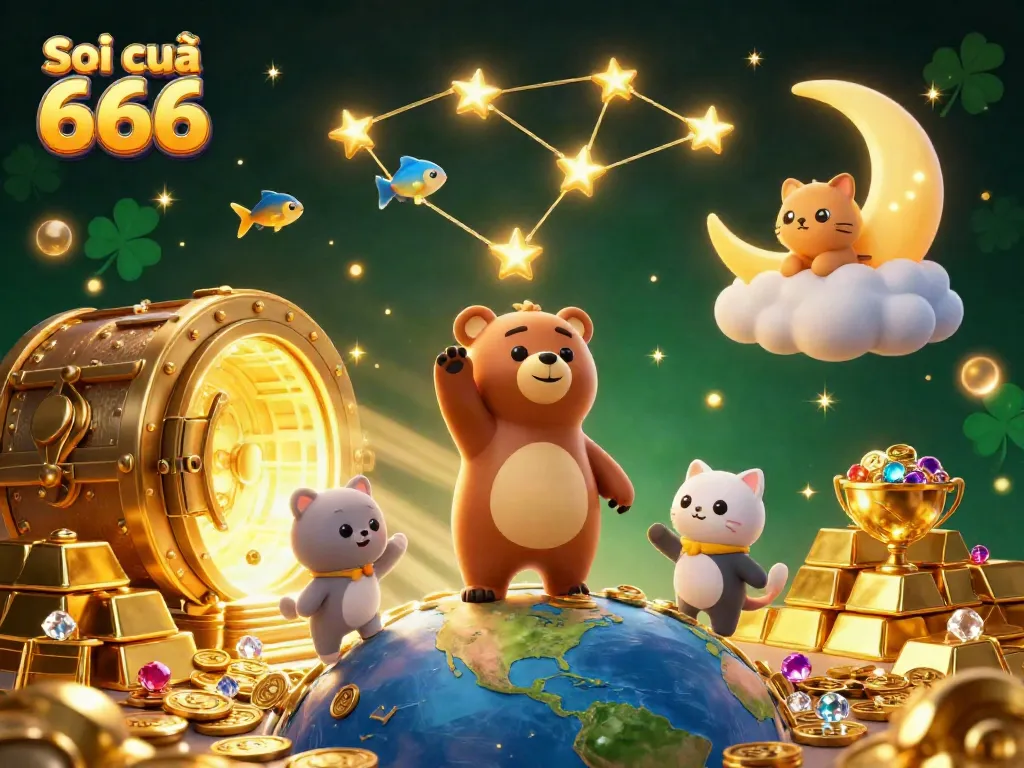 Soi cầu 666 illustration capturing the excitement of lottery gaming, featuring animated characters and treasure elements.