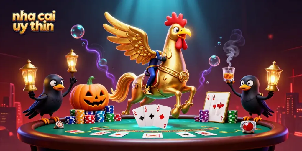 Experience exhilarating gameplay at nha cai uy tin with golden rooster and spectral horse in a dynamic casino scene.