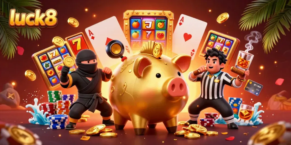 Experience thrilling wins at luck8 with this vibrant slot game scene featuring dynamic characters and colorful game elements.