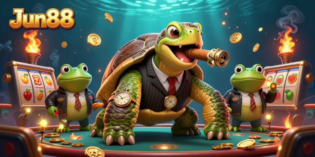 Experience the thrilling atmosphere of Jun88 with a cartoon turtle gangster and dynamic casino elements.