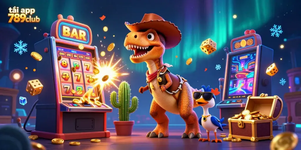 Engage in exciting gaming moments with tải app 789club while enjoying a vibrant T-Rex and casino icons.