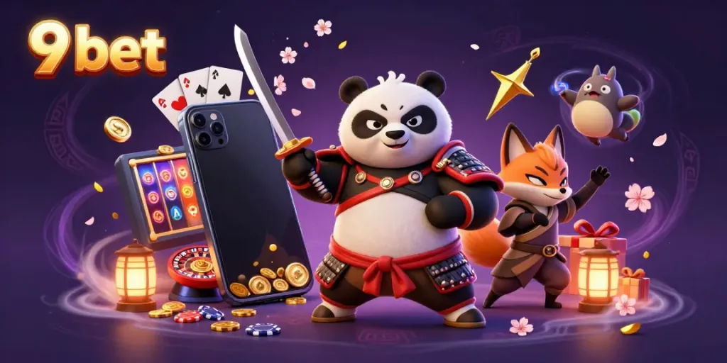 Engage with exciting 9 bet gameplay featuring a dynamic samurai panda, ninja fox, and magical spirit in a rich casino environment.