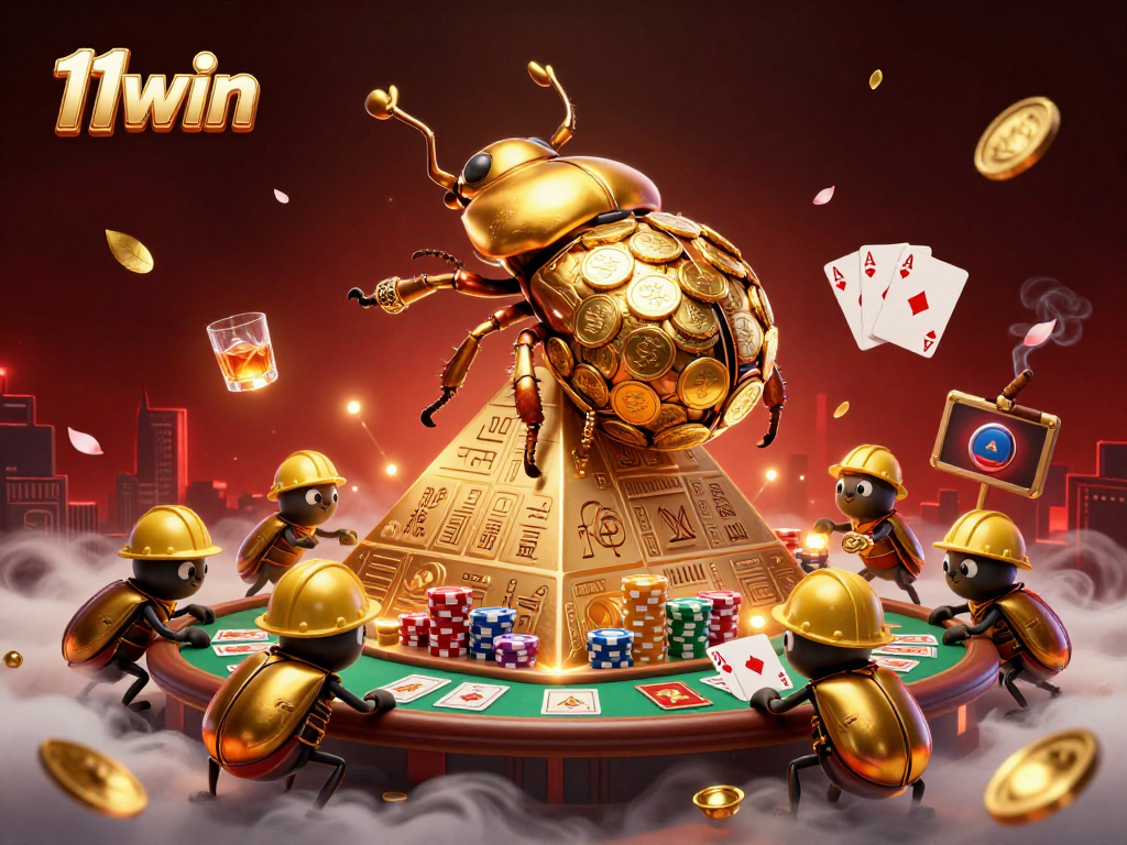 Engage with the energetic 11win casino scene featuring golden beetles and poker elements.