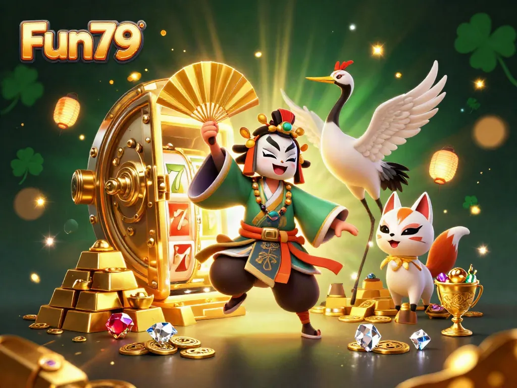 Experience the excitement of Fun79 with a kabuki warrior and slot elements amidst dazzling treasures.