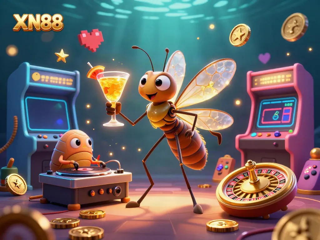 XN88 casino mascot illustration featuring an amber mosquito and trilobite DJ in a vibrant gaming scene.