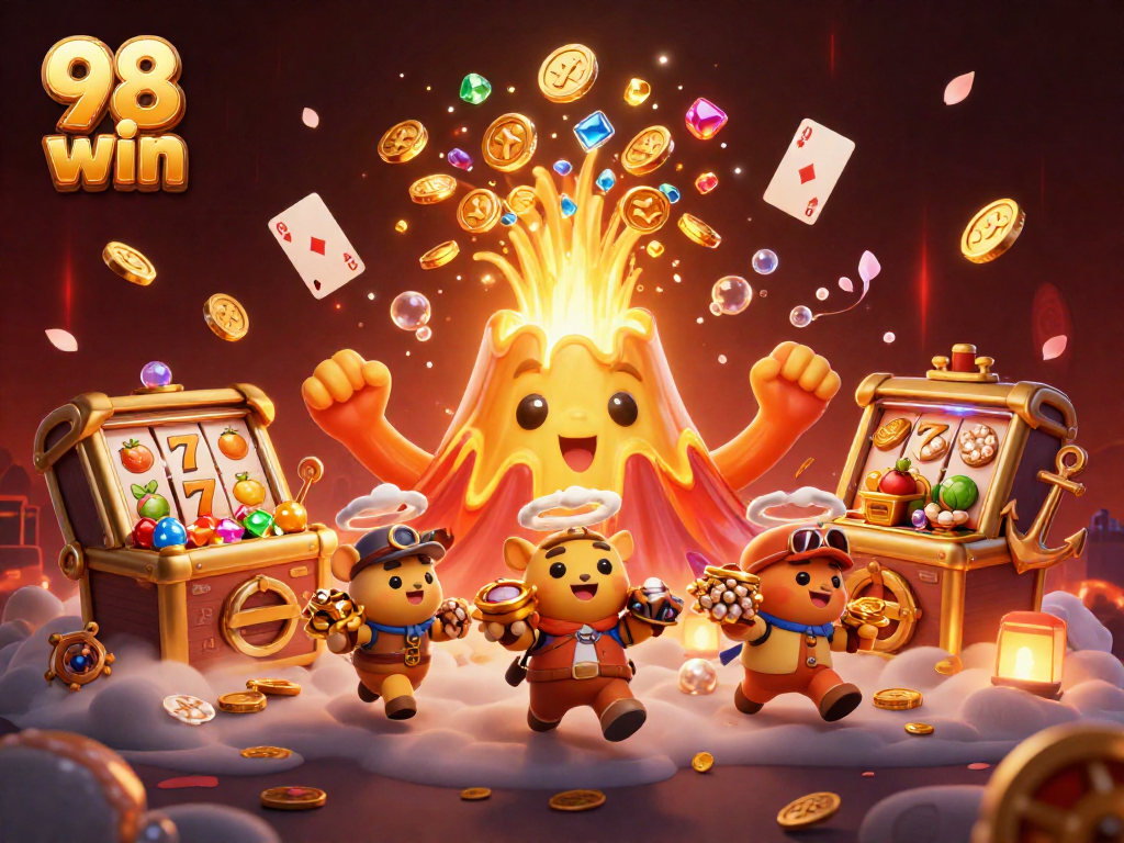 Experience the thrill of 98 win as cartoon volcano erupts in treasure during gameplay.