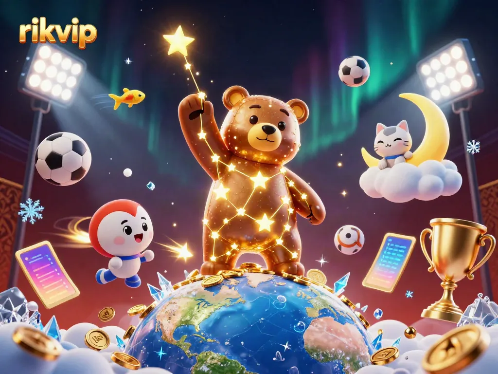 Engage in thrilling gameplay with the imaginative rikvip casino scene featuring golden stars, coins, and dynamic sports elements.