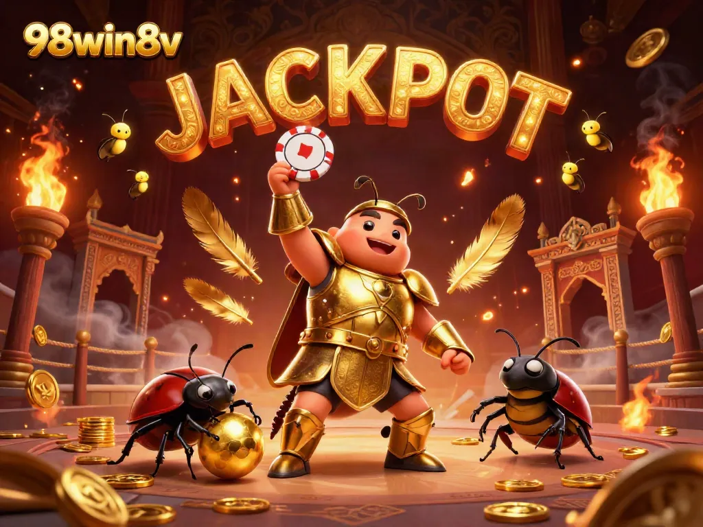 Experience the excitement of 98win8v as the heroic beetle celebrates a jackpot victory with dynamic casino elements.