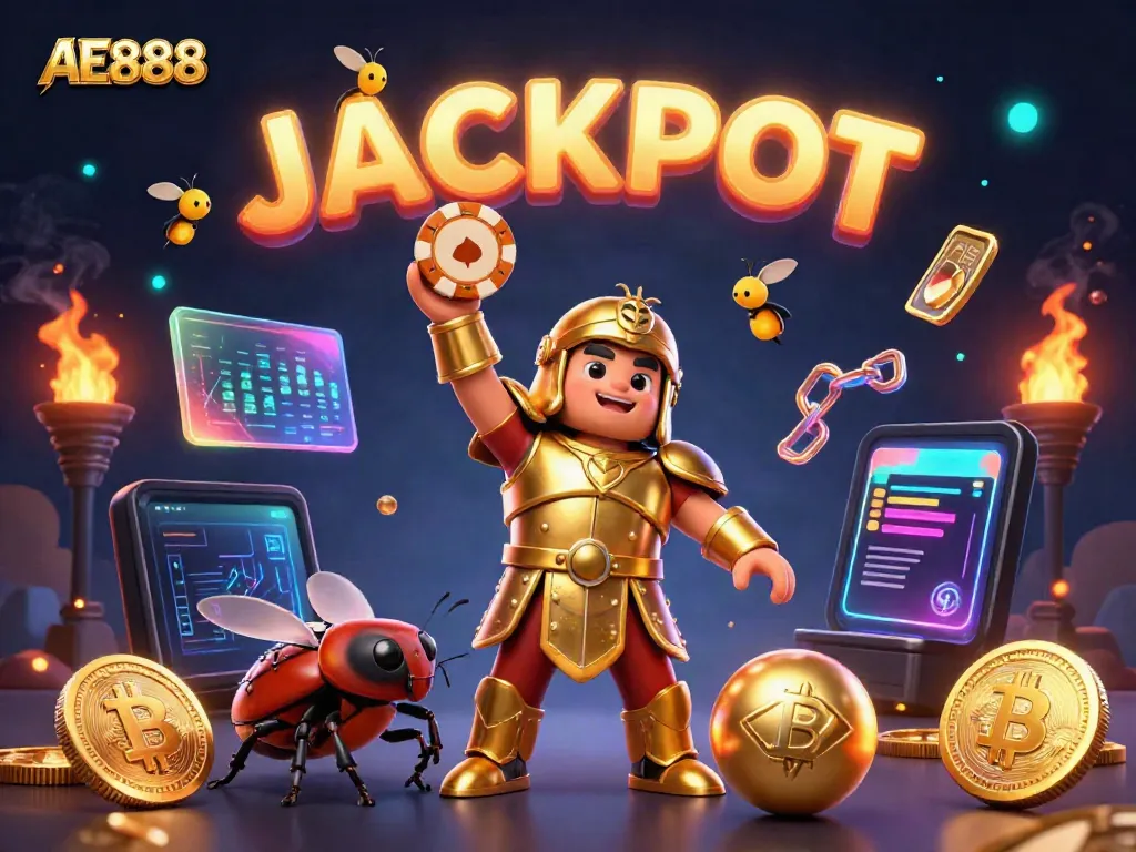 Spin the jackpot with AE888 as a victorious beetle celebrates at the casino.